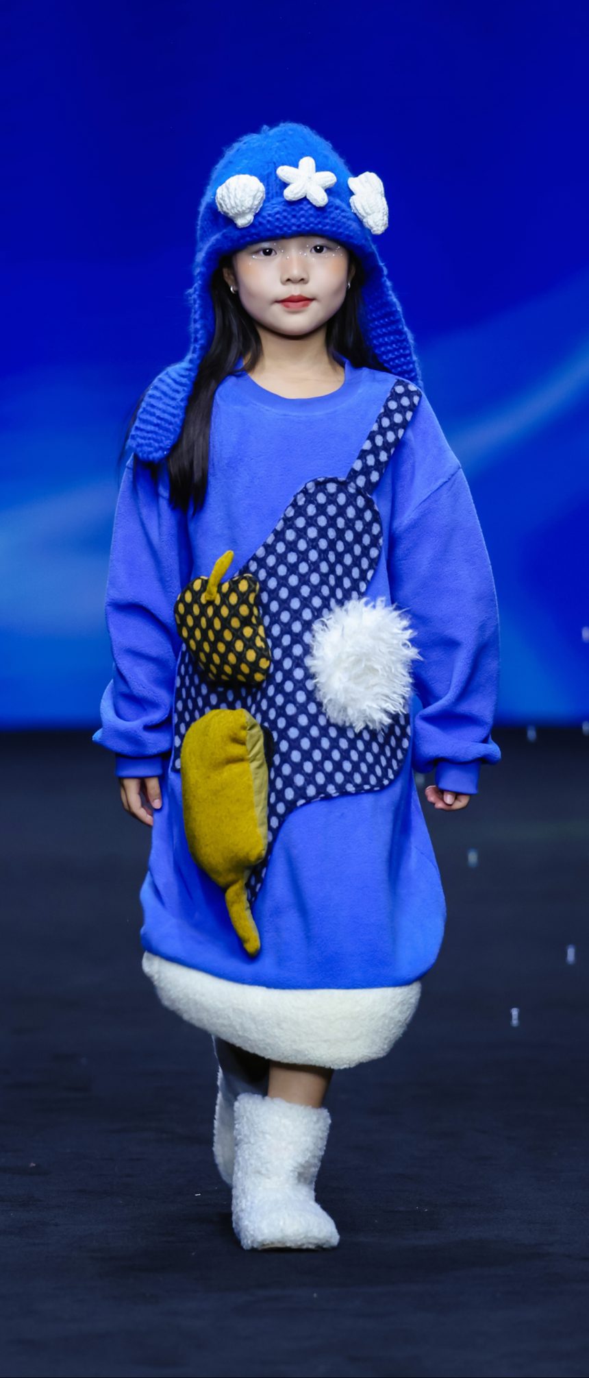 DC Kids complete look — cobalt dress with knit hat